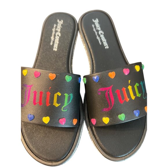 Juicy Couture Black Slides Rainbow Heart Logo Silver Glitter Pride Size 7.5 - Picture 7 of 8